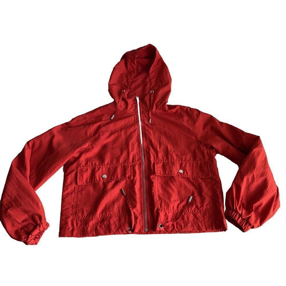PULL & BEAR Windbreaker Full Zip Hooded Red Jacket Women’s Sz S